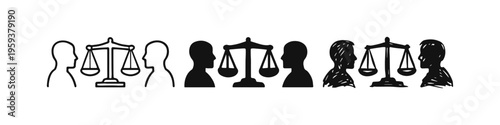 Justice and equality icon set with balance scales and human heads, depicting legal and ethical concepts.