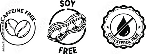 Food product labels indicating caffeine free soy free and cholesterol free