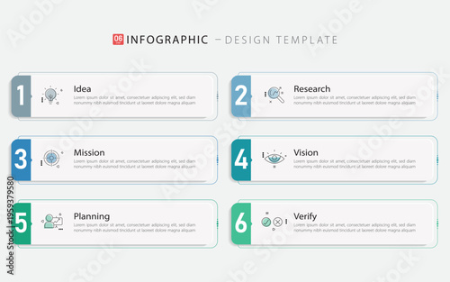Business infographic template. 6 Step timeline journey. Process diagram, 6 options on white background, Infograph elements vector illustration.