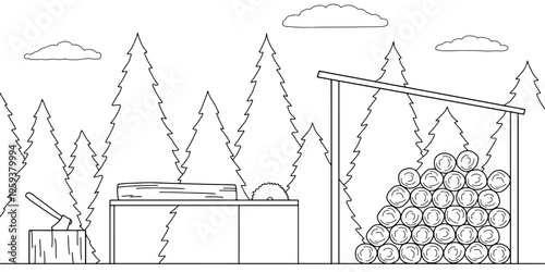 Sawmill graphic black white sketch illustration vector 