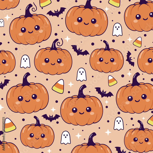 Kawaii halloween seamless pattern with cute pumpkins, ghosts, bats and candy corn in pastel colors.eps