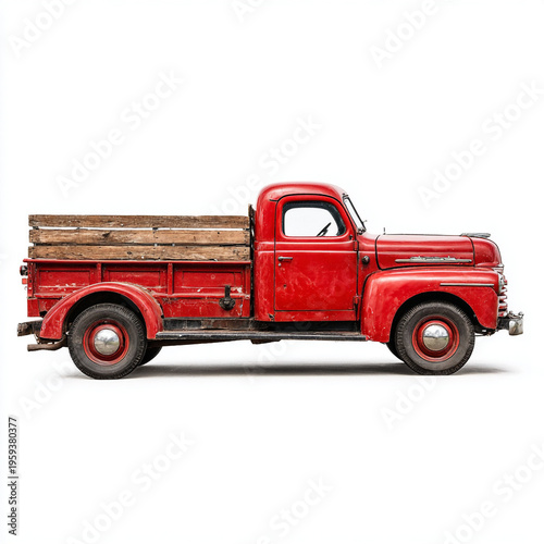 A vintage red pickup truck with a wooden bed. The truck is parked on a white background, showcasing its classic design and weathered paint.