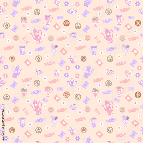 A seamless pattern with teapots and cups, milk jugs, cookies, and candies on an endless background. Vector set. Suitable for prints, textiles, fabrics, covers, wallpaper, wrapping paper, and apparel.