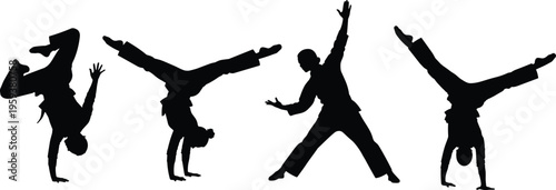 Capoeira martial arts silhouettes showing acrobatic kicks flips and dynamic poses, Brazilian fight dance action vector illustration set collection design