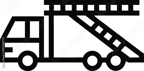 An outline illustration of a classic fire truck featuring an extended ladder for emergency services