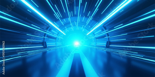 A futuristic blue motion background features a glowing tunnel of light and speed, blending abstract technology design with a bright energy burst and shining star patterns in space