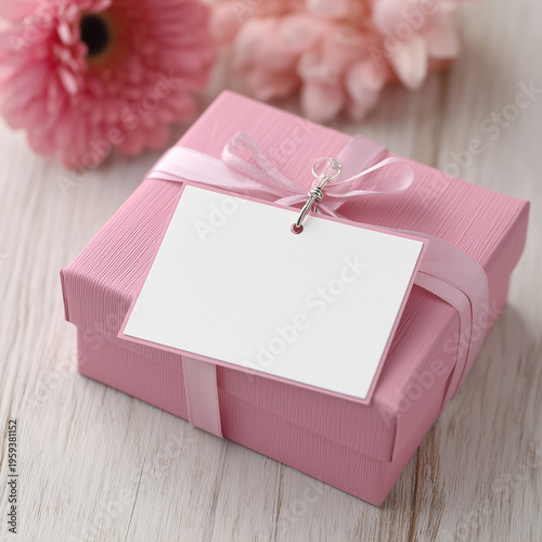 A small pink gift box with a ribbon and a blank tag sits on a wooden surface. Pink flowers are in the background, creating a soft, festive atmosphere.