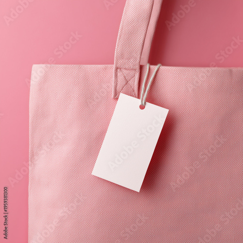A pink tote bag with a blank tag on a pink background. The bag is made of textured fabric, suitable for shopping or casual use.
