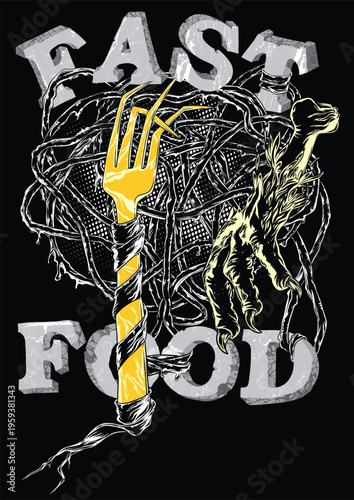 Fast food graphic t-shirt design with fork and swirls