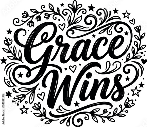 Calligraphic grace wins lettering with floral swirls and stars