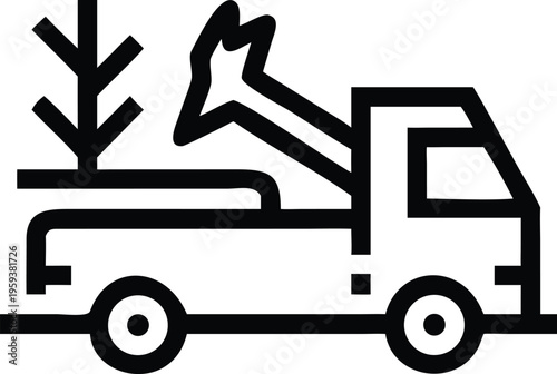 A robust pickup truck transporting a freshly cut tree and an ax for landscaping purposes