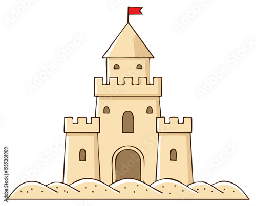 Playful cartoon sandcastle with red flag representing summer beach holidays and childhood fun