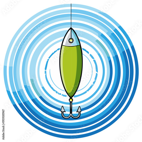Stylized green fishing lure with treble hook suspended above abstract blue water ripples