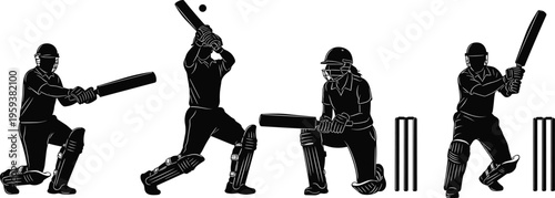Cricket player silhouette set in batting action poses, black vector illustration of professional athlete isolated on white background