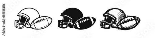 American Football Helmet and Ball Icon Set, Gridiron Sport Equipment Icons, Rugby Football Gear Illustration