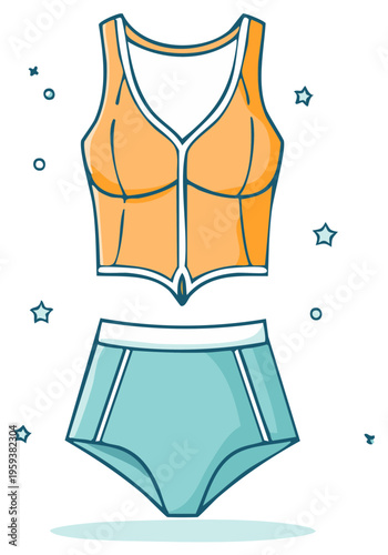 Retro two-piece swimsuit with orange bustier top and high-waisted blue bottoms cartoon vector