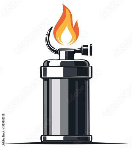 Close up of a lit propane torch with a bright orange flame, kitchen tool illustration