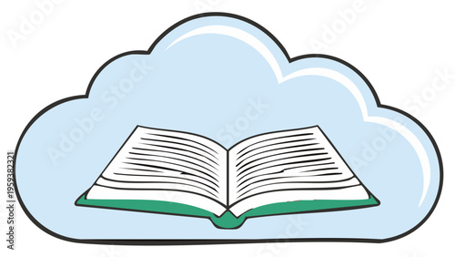 Cloud library icon with an open book representing digital e-learning and online knowledge