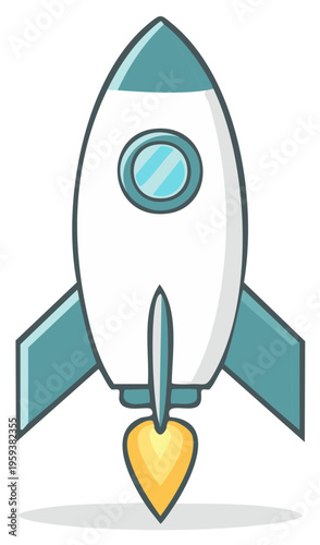 Cartoon rocket ship launching with blue accents and bright flame