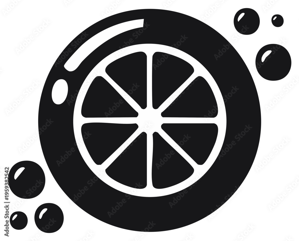 Obraz premium Black and white vector illustration of a citrus fruit slice with shiny bubbles around it.