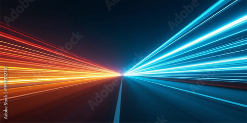 A fast car driving on an urban asphalt highway at night creates an abstract motion blur background with perspective light trails and speed traffic moving through the city landscape