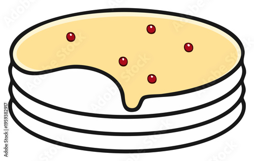 Stack of cartoon pancakes with sweet syrup and red berries for breakfast