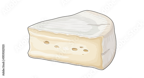 Wedge of Brie cheese with white rind and creamy interior, isolated on white background