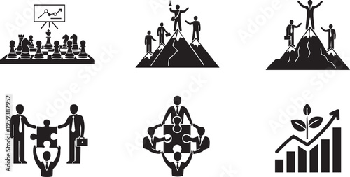 Black and white business strategy with people and graphs