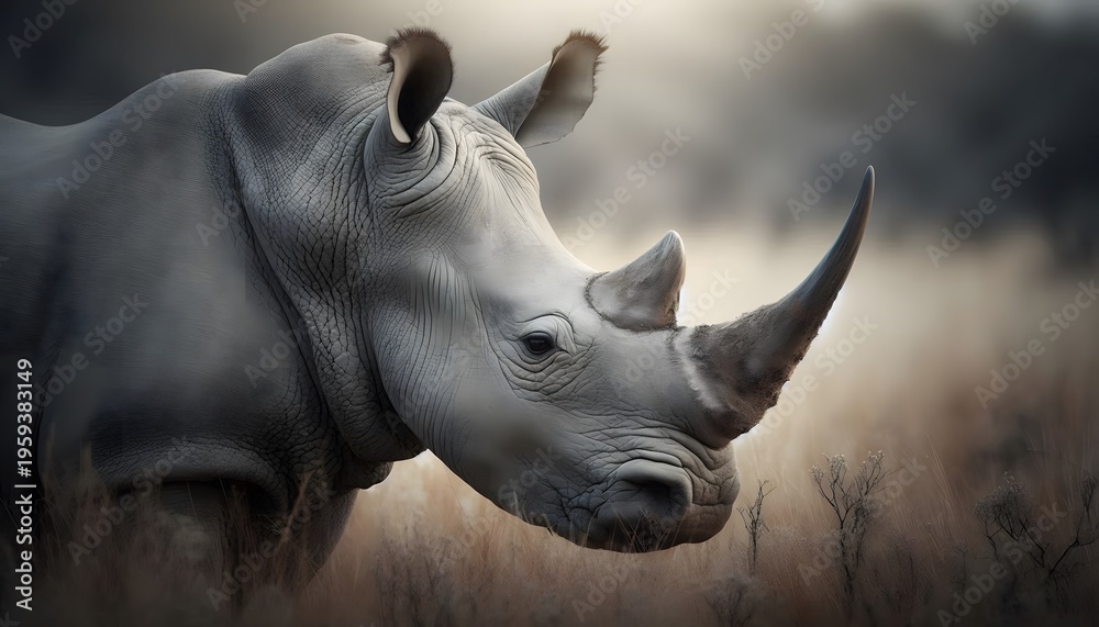 Fototapeta premium Closeup of a rhino with large horns in a natural savanna environment natural environment
