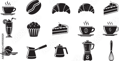 Black and white cafe including coffee cups and baked goods coffee bean croissant