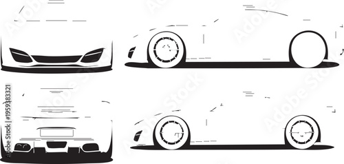 Black and white car side front and back views vehicle side view front view