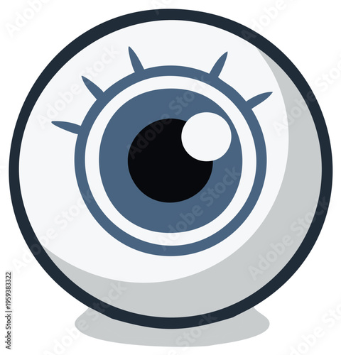 Single eyeball illustration with lashes peeking from the corner, iris circle and dark pupil in the center, round shaped vector