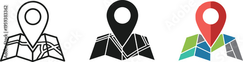 Three colorful map pin icons on various backgrounds