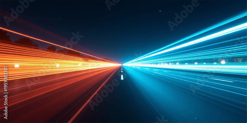 Fast cars drive through the urban city at night, creating a blur of red lights and motion on the dark highway motorway