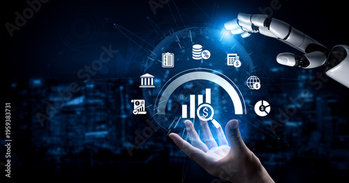 Obraz na płótnie A robotic hand engages with floating digital icons and graphs, symbolizing technology, finance, and the future of automation in business and economic growth