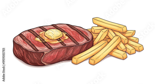 Grilled steak with melting butter and french fries, illustration