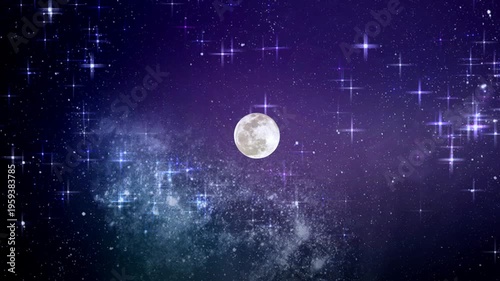 A mesmerizing animation of the moon orbiting through a vibrant galaxy, showcasing stars and colorful nebulae. Full cycle in space.