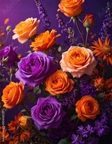 A vibrant arrangement of orange and purple roses and flowers against a deep purple backdrop.
