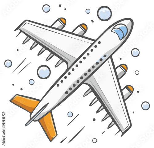 Cartoon airplane flies through the air with jet stream leaving vapor trails