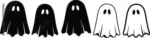 A group of five ghosts in a row with varying shades of black and white