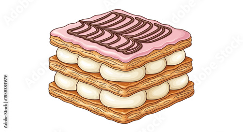 Layered Pastry Dessert with Pink Icing and Cream