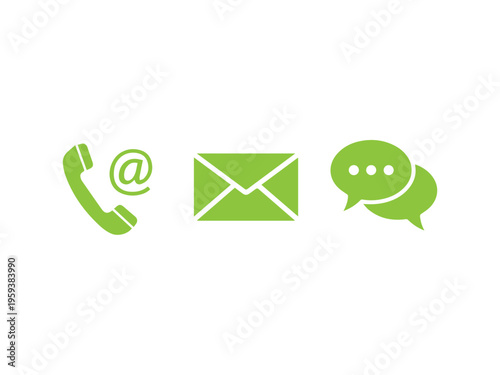 Three distinct green communication icons representing phone, email, and chat support options are displayed horizontally.