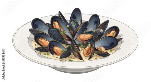 Plate of steamed mussels in creamy sauce with herbs