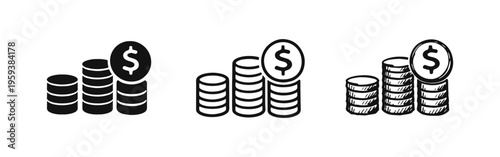 Money coin stack icon set. Financial growth, investment, and savings concept in solid, outline, and hand-drawn styles.