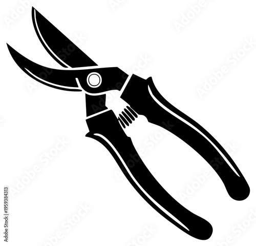 Black and white illustration of garden pruners, gardening tools