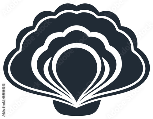 Illustration of an open seashell with dark blue and white shapes.  Simple design, graphic style.