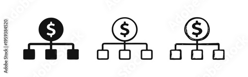 Dollar money distribution icon set. Financial hierarchy, investment structure, and resource allocation symbols.