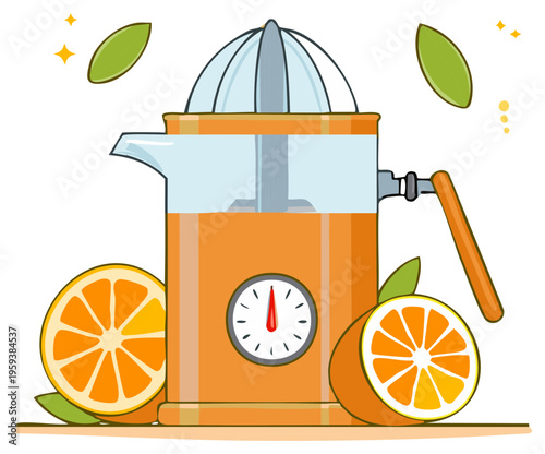 Freshly Squeezed Orange Juice in a Retro Juicer with Citrus Halves and Leaves