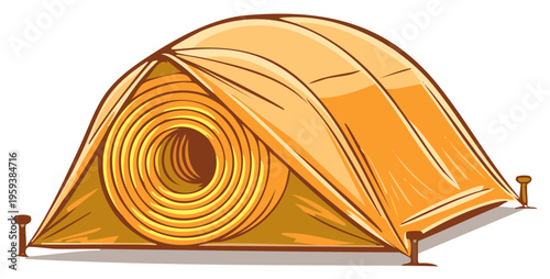 Illustration of a bright, colorful camping tent with an interesting design, cartoon style