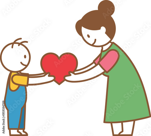 Small child happily gives a large red heart shape to an adult woman who accepts the symbol of love.